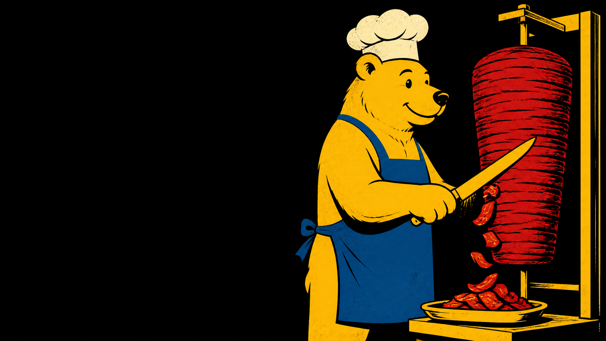 Graphic illustration of a bear chef slicing döner kebab from the spit