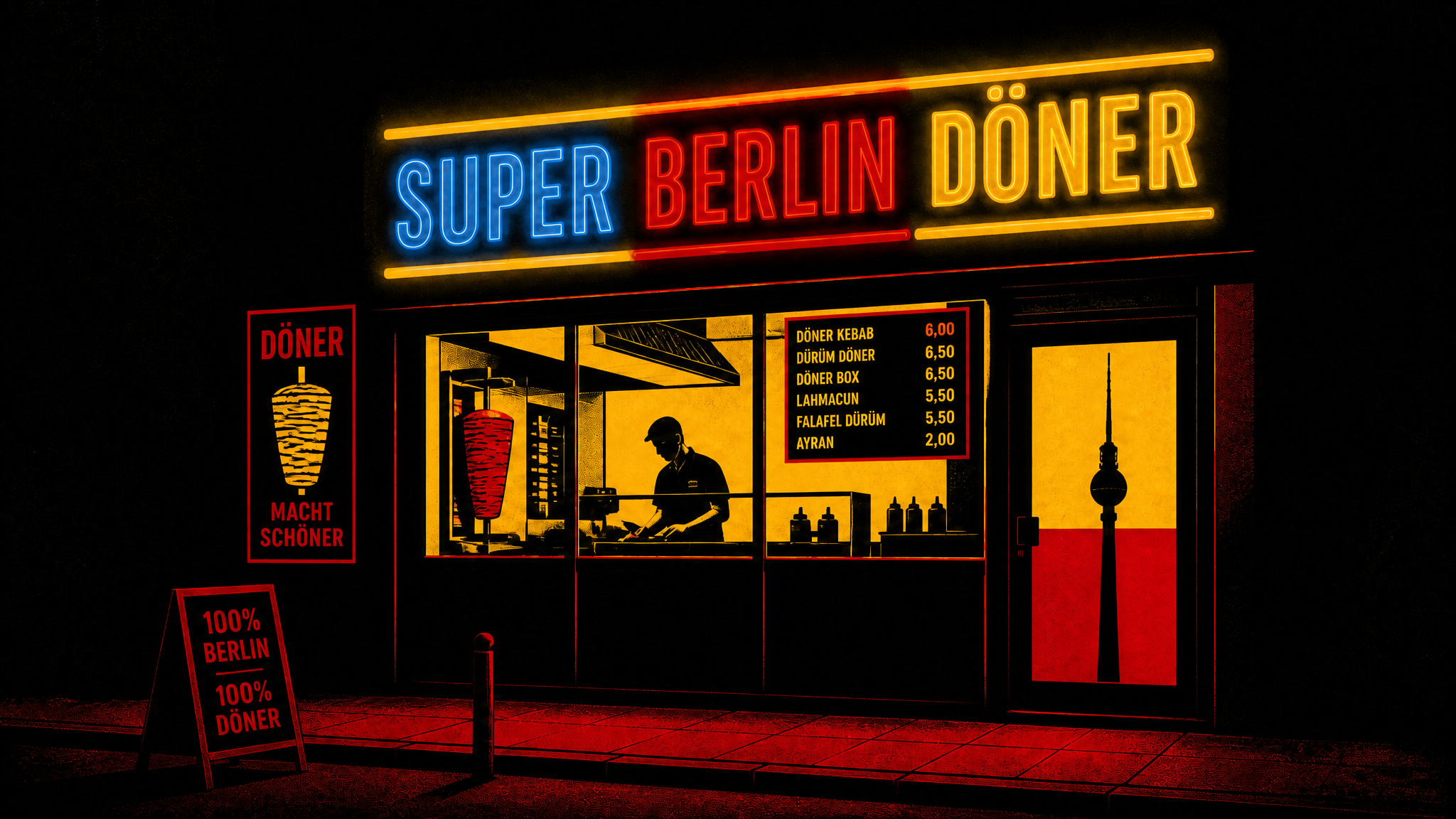 Graphic illustration of the Super Berlin Döner storefront at night
