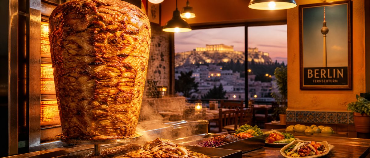 Döner Kebab being sliced from rotating spit